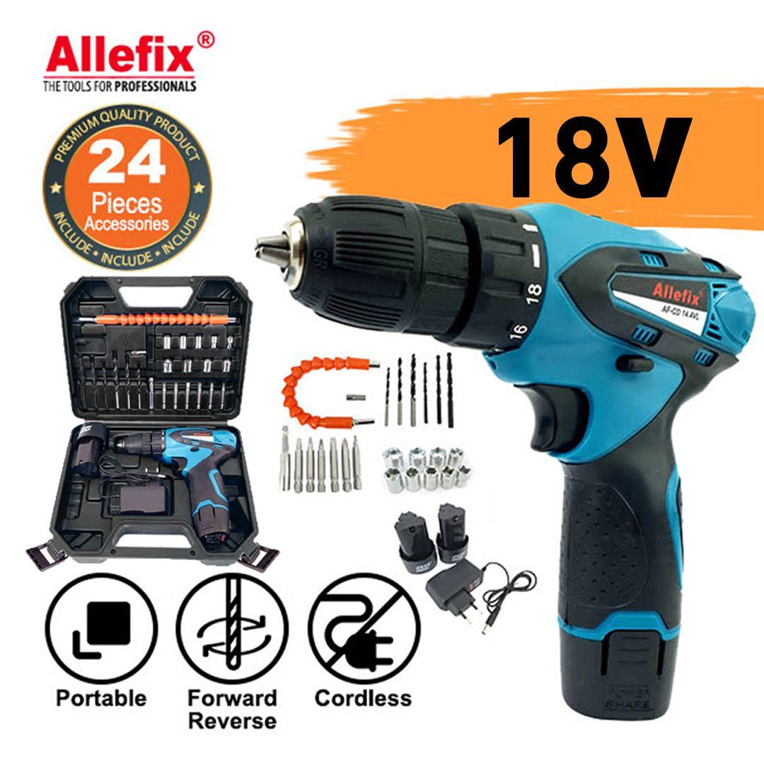 ALLEFIX 18V CORDLESS DRILL 2 SPEED AND TORQUE GRIP 24PCS ACCESSORIES 18V BATTERY DRILL