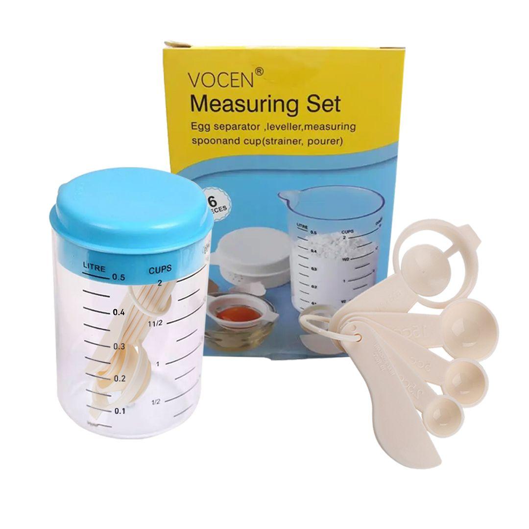 VOCEN Measuring Set of Egg Separator, Leveller, Measuring Spoons & Cup with Lid Cover (Strainer,Pourer) Ports