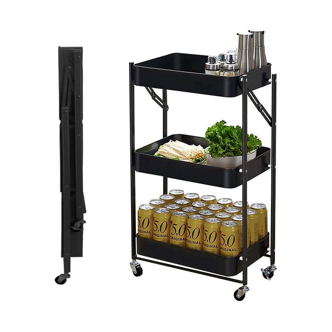 Foldable 3-Tier Metal Utility Rolling Cart Heavy Duty Metal Storage Organizer Mobile Rolling Cart with Caster Wheels Trolley with Shelving Rack 
