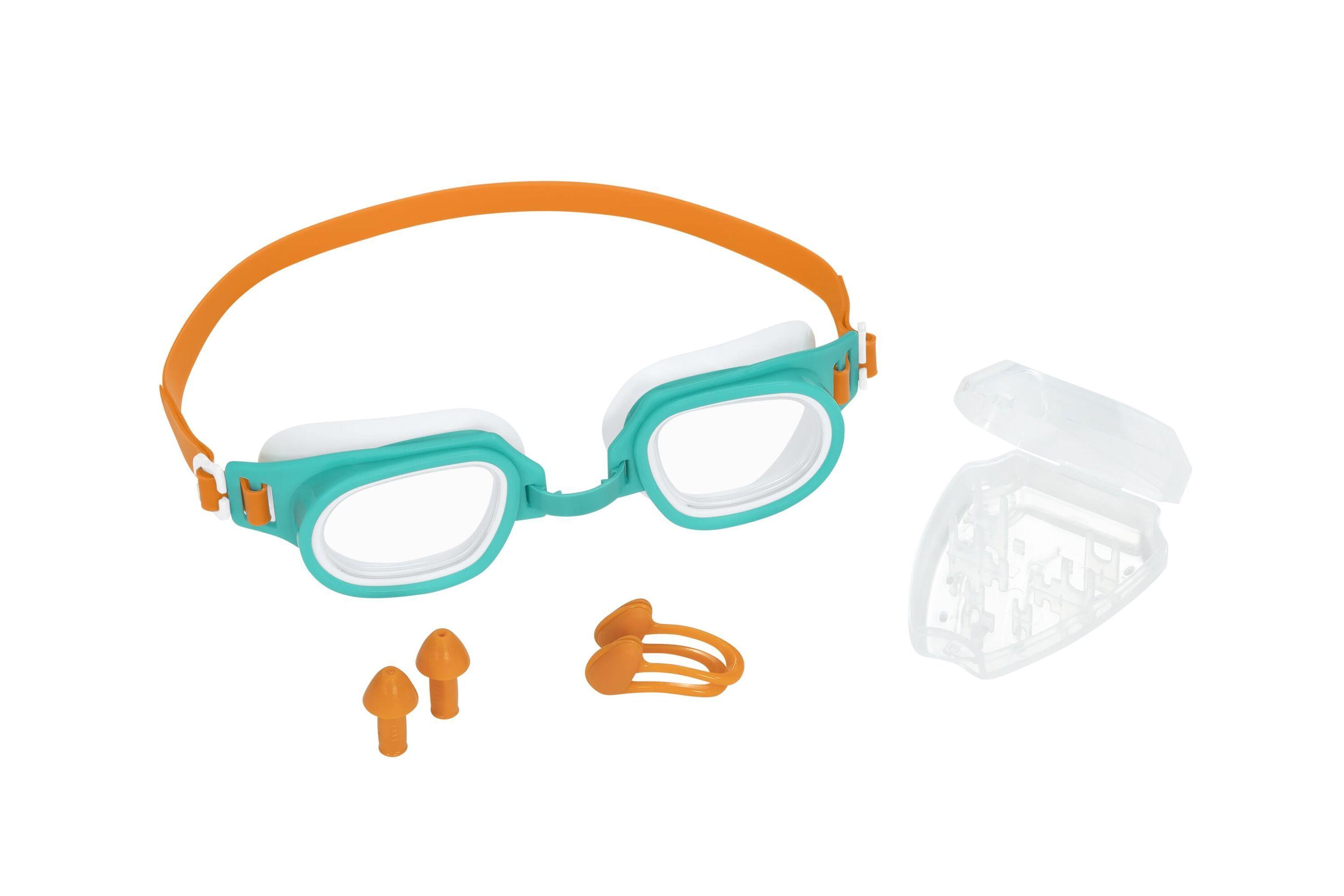 BESTWAY  AQUANAUT ESSENTIAL GOGGLES SET (Contents:one pair of nose clips, one pair of ear plugs, and one pair of goggles,1 assorted colors) Age 7+
