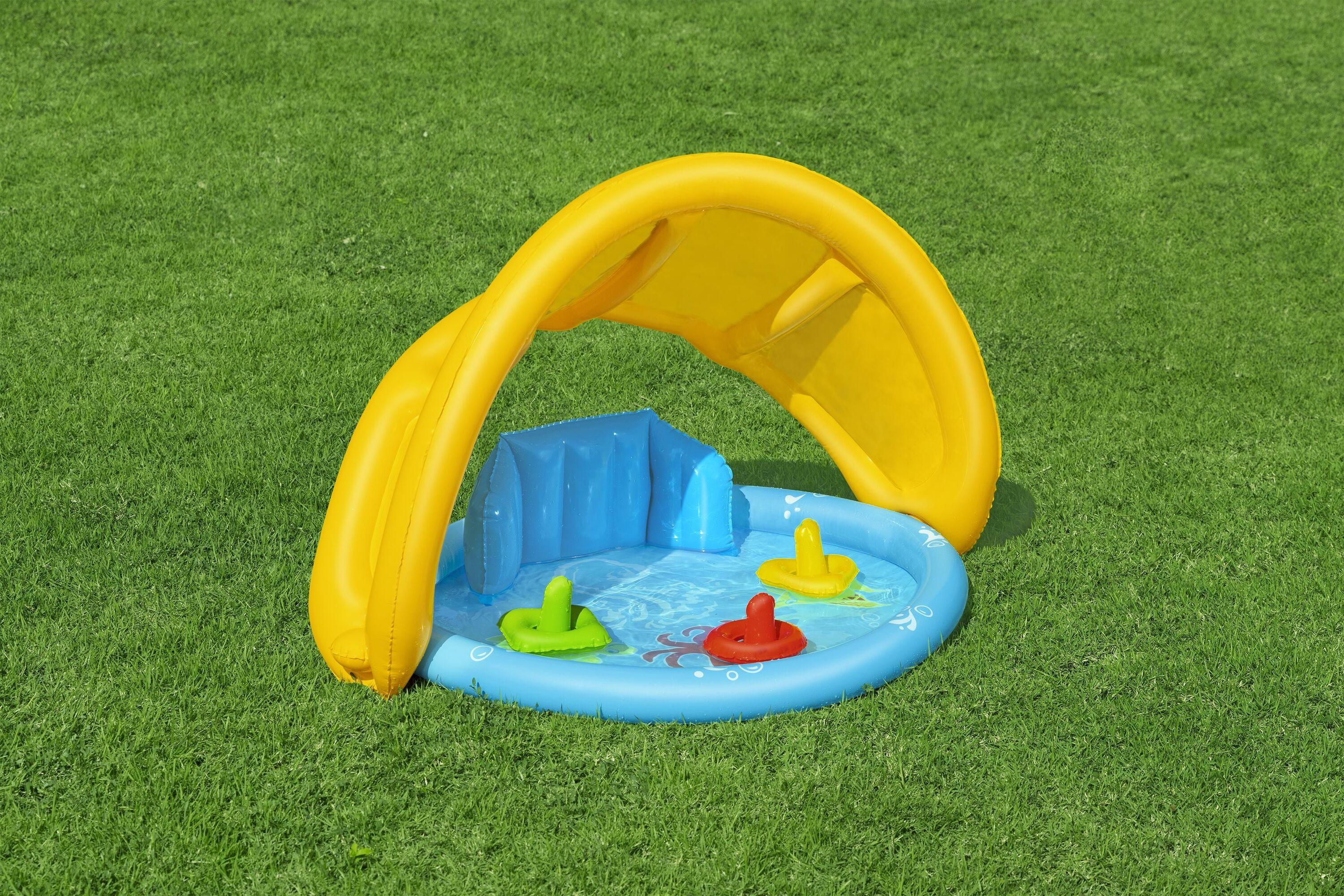 BESTWAY 1.15M X 89CM X 76CM LIL' SEASHAPES BABY POOL (Contents:1 pool,3 rings,1 sun shade, repair patch.) Age 6M+
