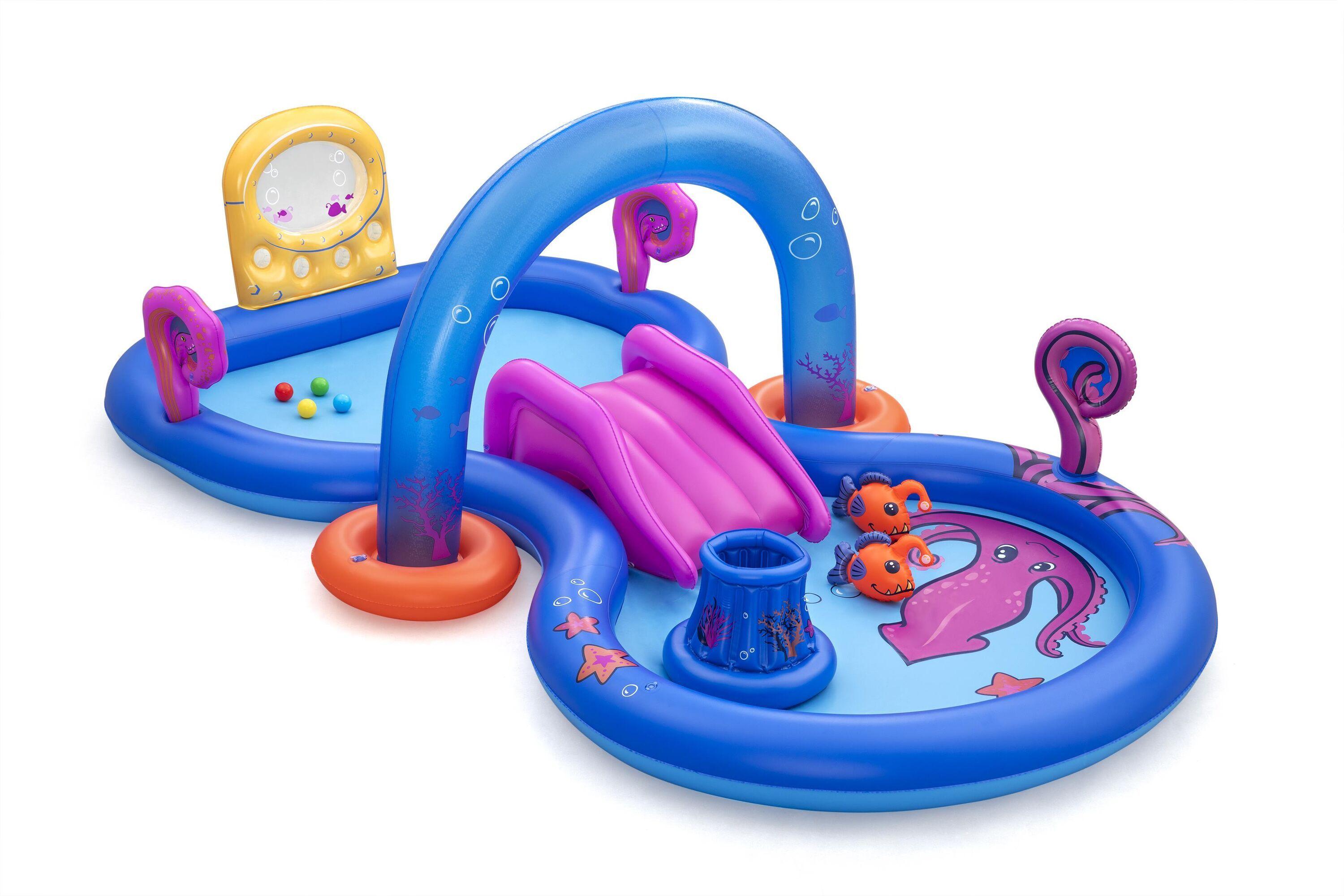 BESTWAY 3.30m x 1.88m x 1.17m Sea Odyssey Play Center (1 pool,1 arch sprinkler,1 slide, 1 basket, 2 Puffy Pal fish, 2 rackets, 4 play balls, repair patch) Age 2+
