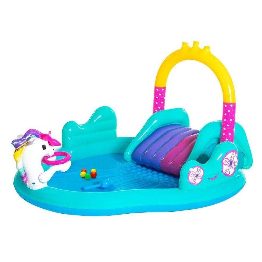BESTWAY 2.74M X 1.98M X 1.37M MAGICAL UNICORN PLAY CENTER (1 pool, 1 slide, 1 inflatable star ring, 1 magic wand, 6 play balls,repair patch.) Age 2+