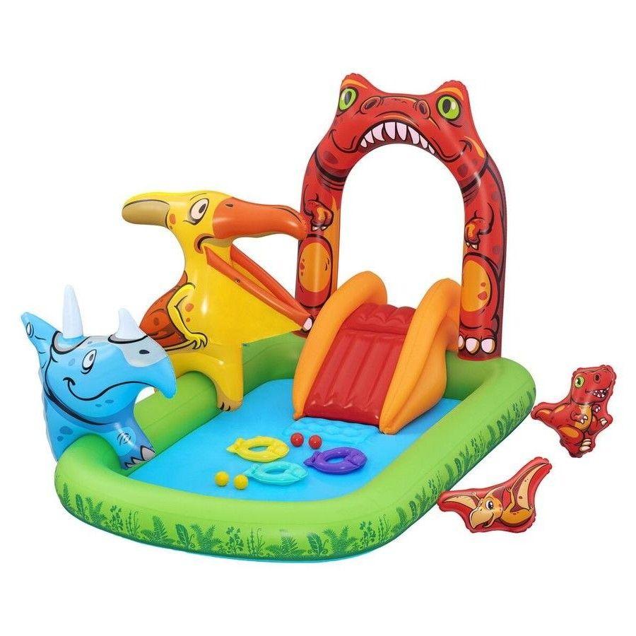 BESTWAY 2.41M X 1.40M X 1.37M JURASSIC SPLASH PLAY CENTER (1 pool, 3 fish shaped rings,1 triceratops ring target, 1 pteranodon ball catch, 1 pteranodon, 1 T-rex, 4 play balls, repair patch.) Age 2+ 