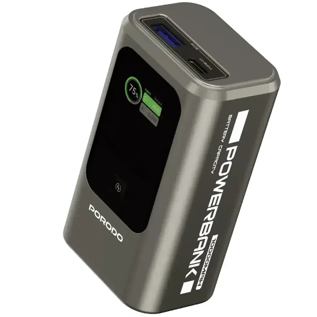 Porodo PDPBFCH096GY 10000mAh Mini Power Bank with Real-Time Display – Fast & Safe Charging