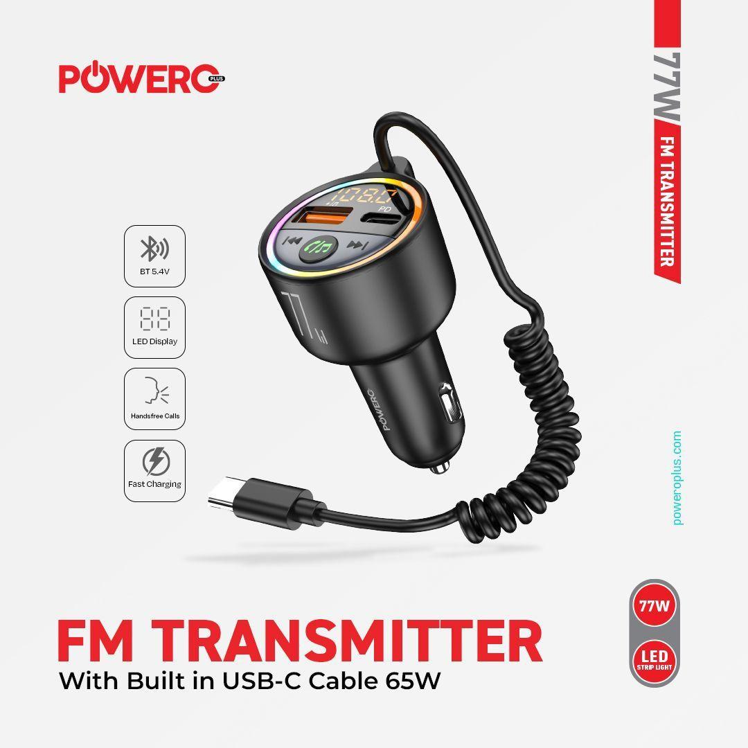 Powero PR-FM77INTT-BK 77W FM Transmitter with Built-in USB-C Cable