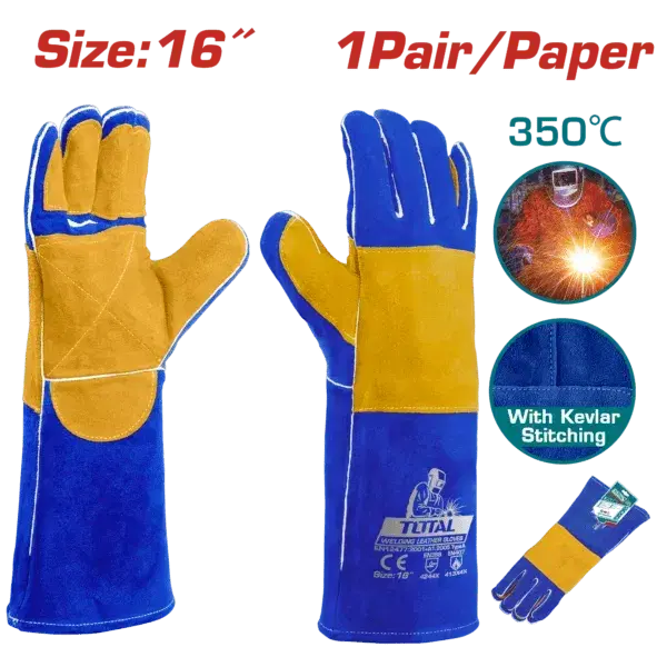 TOTAL 16" Leather Welding Gloves – Heat Protection up to 350°C, Kevlar Stitching – TSP15216